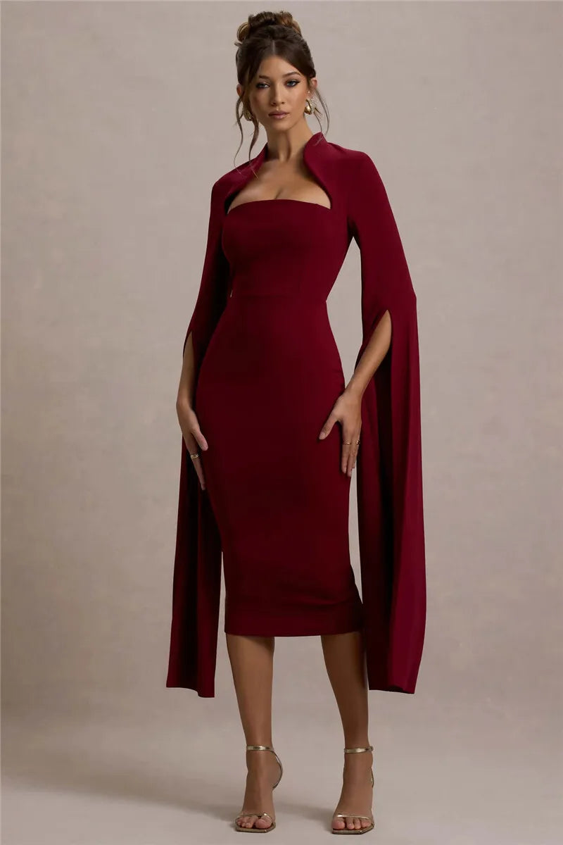 Cape Long Sleeve Square Collar Midi Dress