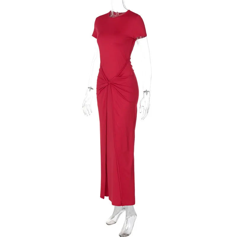 Solid Short Sleeve Ruched Maxi Dress