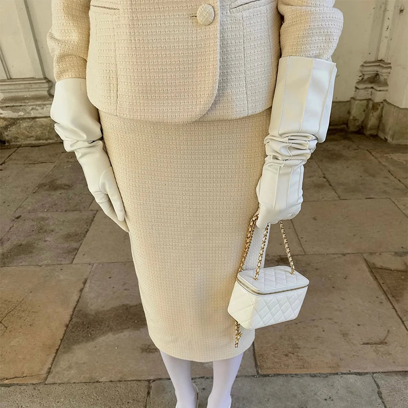 Solid Stand Collar Jackets and Skirts Suit