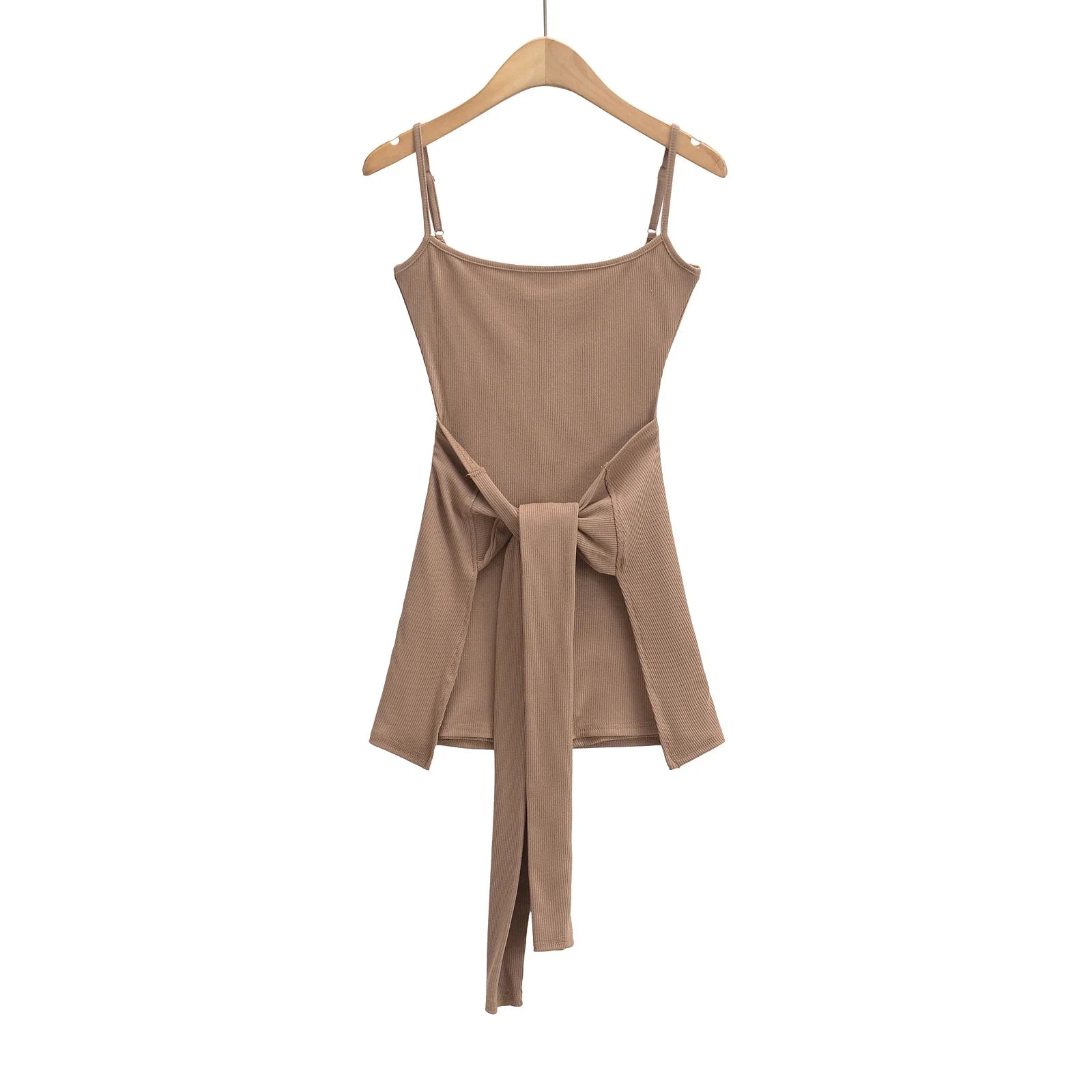 Rib Knitted Sling Bodysuits With Bow Sashes Hem