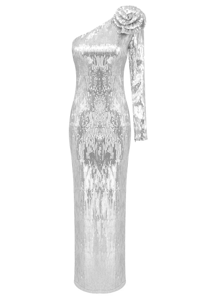 One Shoulder 3D Flower Sequin Dress