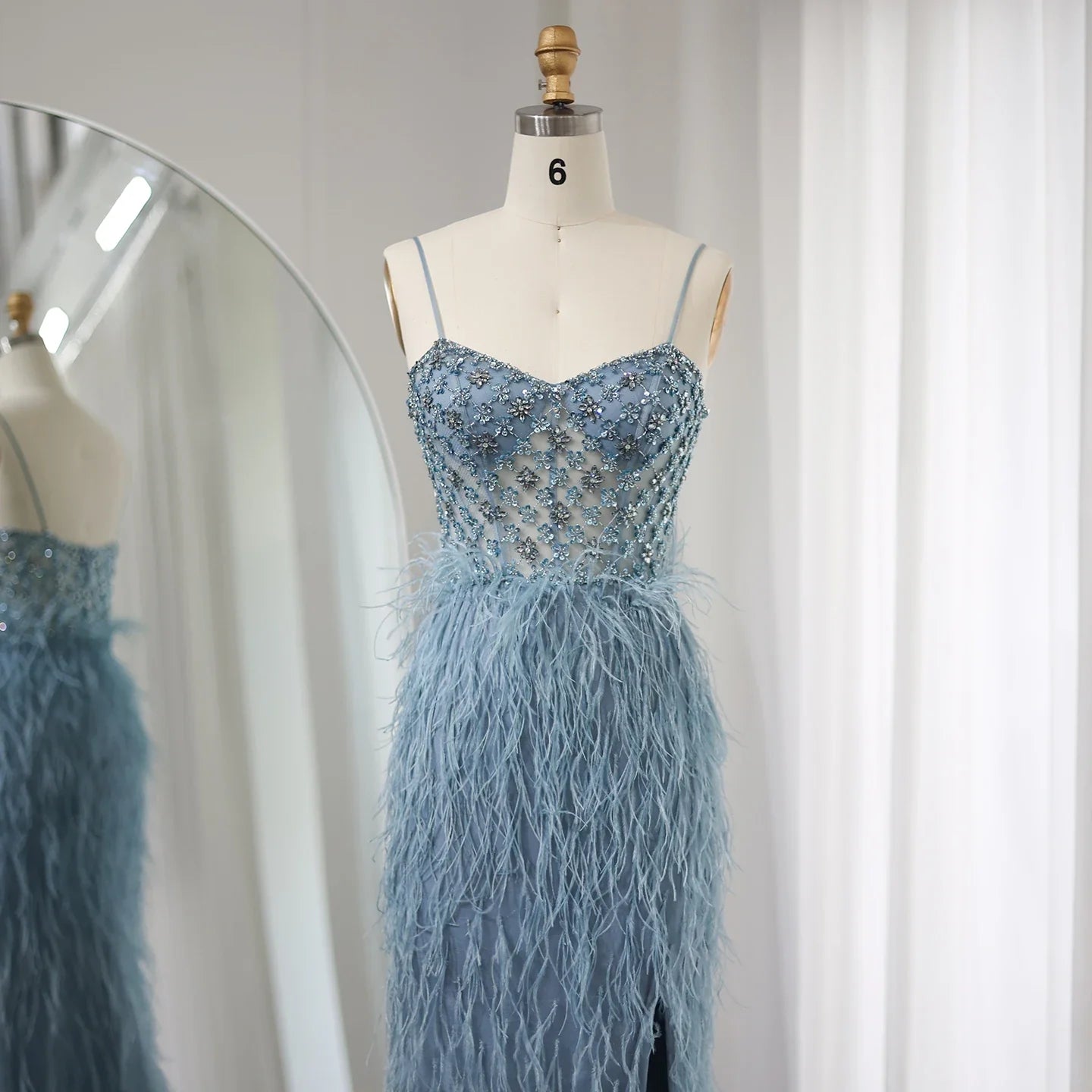 Feathers Spaghetti Straps Side Slit Prom Dress