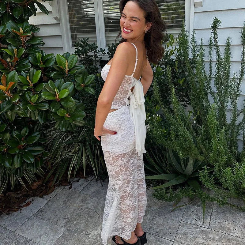 White Halter Top And Sheer Mesh Long Skirt Suit