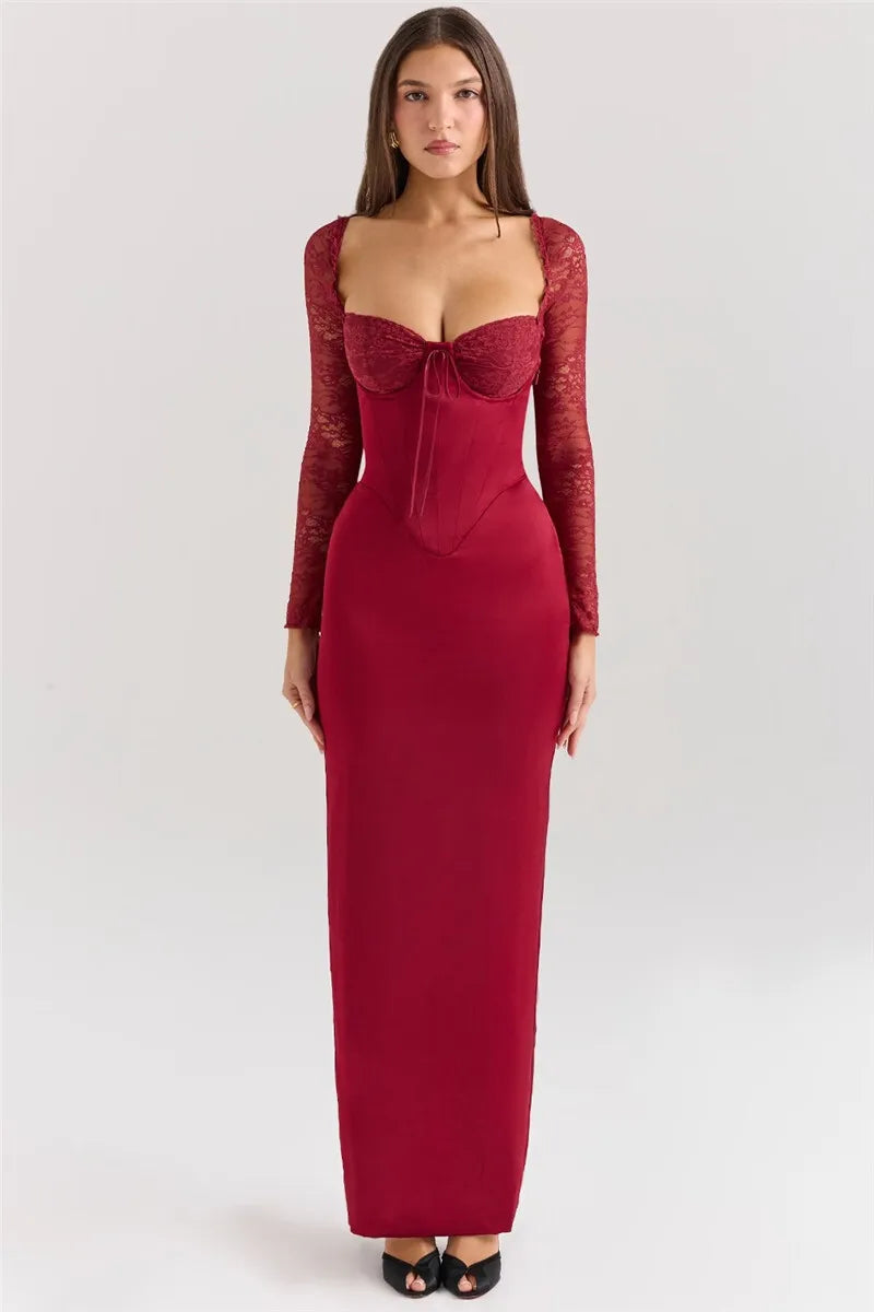 Square Collar Lace-Up Backless Long Sleeve Maxi Dress