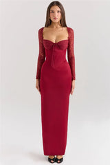Square Collar Lace-Up Backless Long Sleeve Maxi Dress