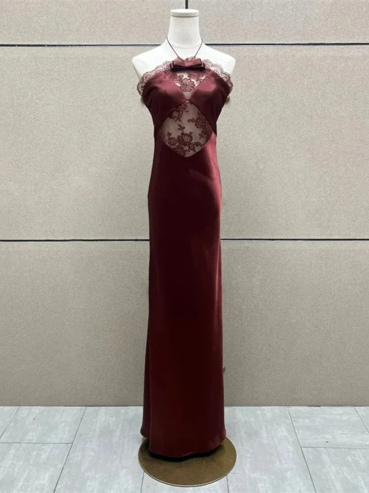 Halter Neck Bowknot Lace Patchwork Long Dress