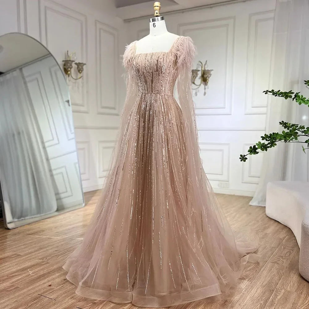 Cape Sleeves Feathers Beaded Evening Dresses