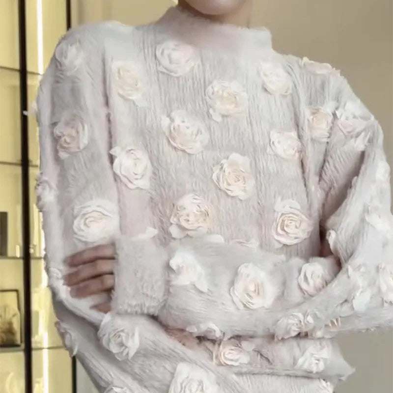 Knitting 3D Flower Lantern Sleeve Top and Long Skirt Suit