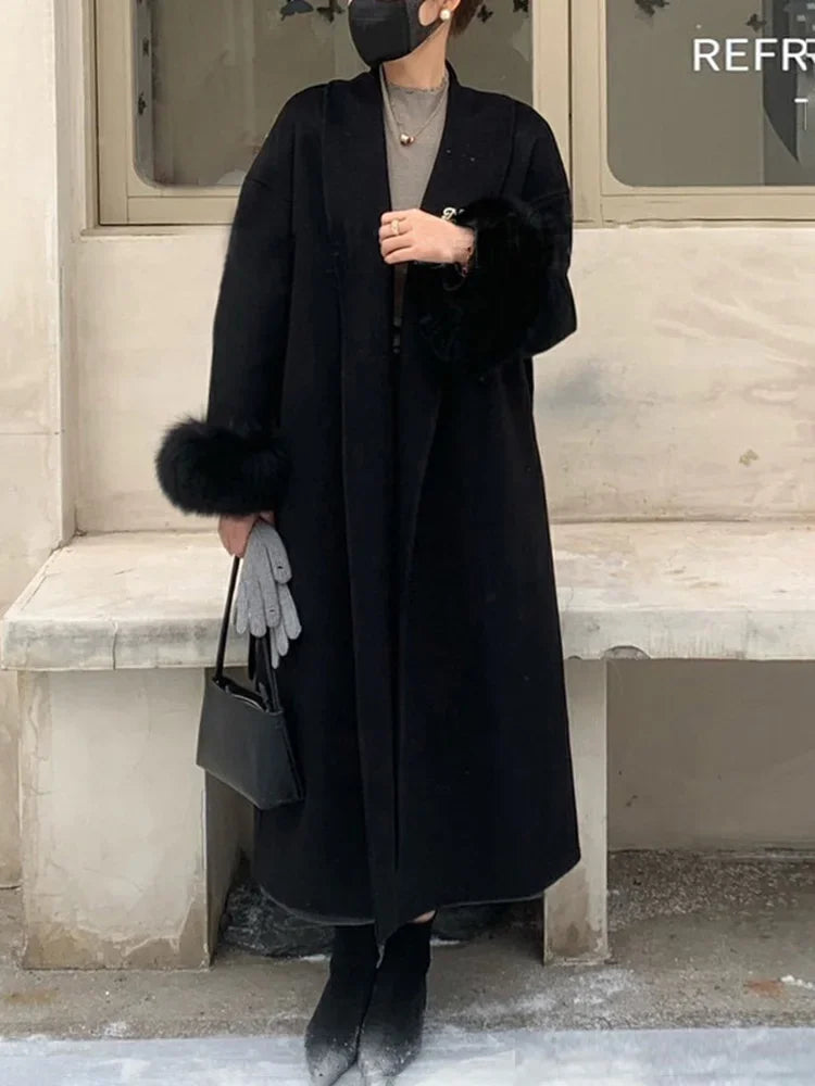 Lace-Up Fur Fluffy Lapel Long Sleeve Overcoat