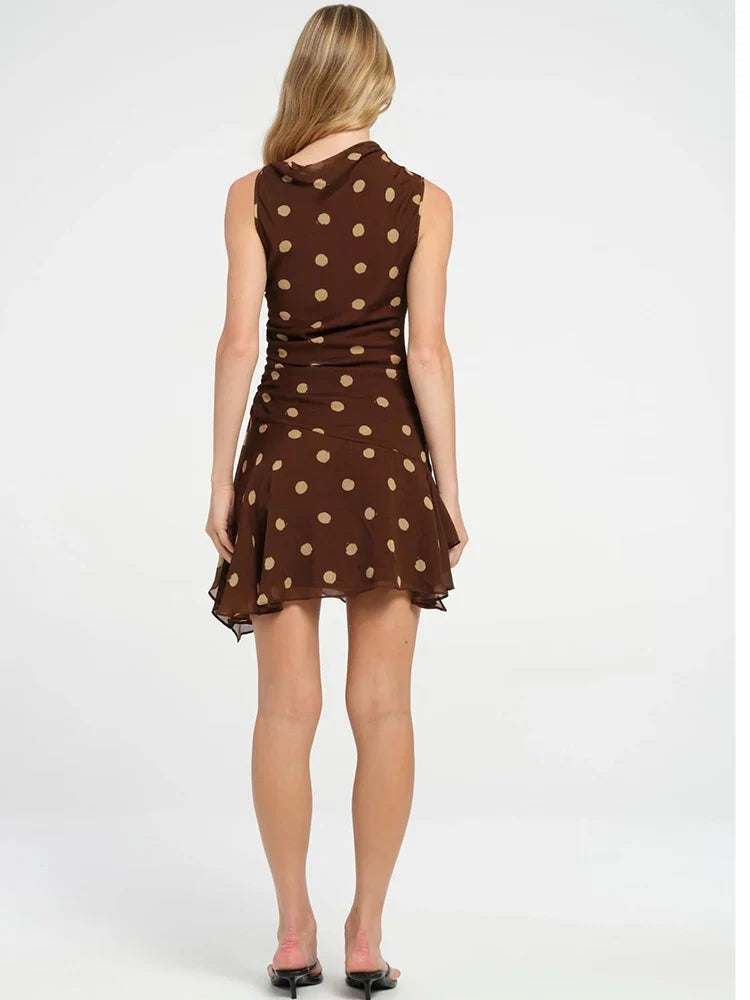 Chiffon Print Polka Dot Coffee Sleeveless Mini Dress