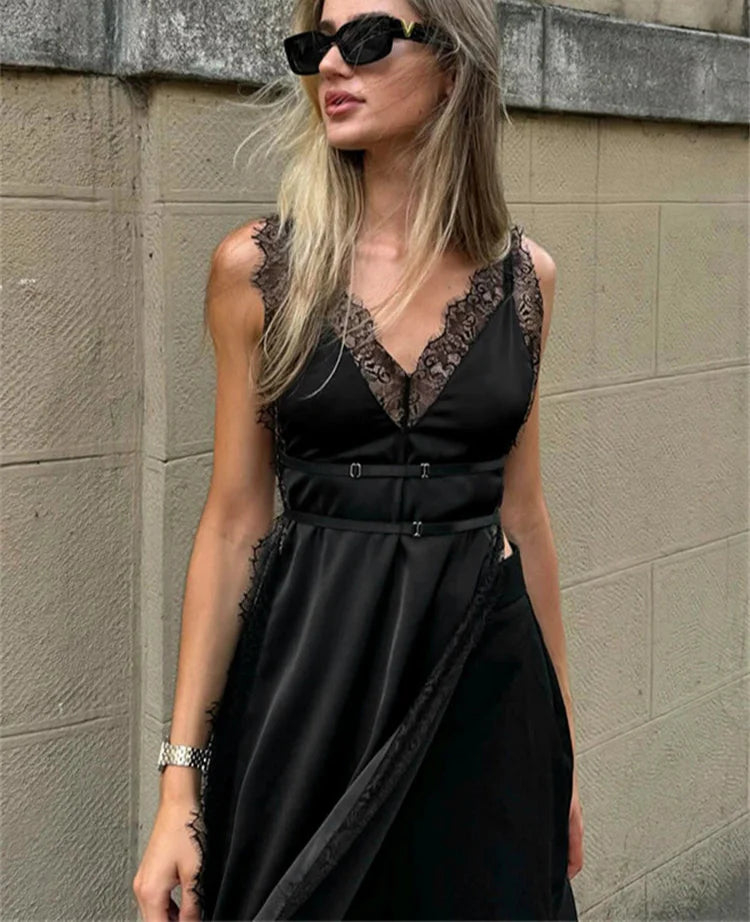 Lace Satin Patchwork High Split Maxi Dress