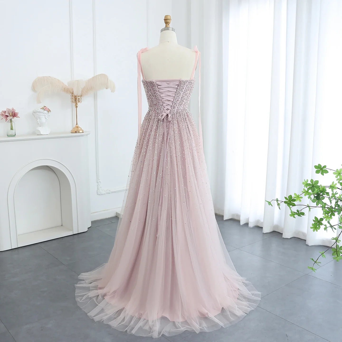 Beaded Wine Red Evening Gown with Straps