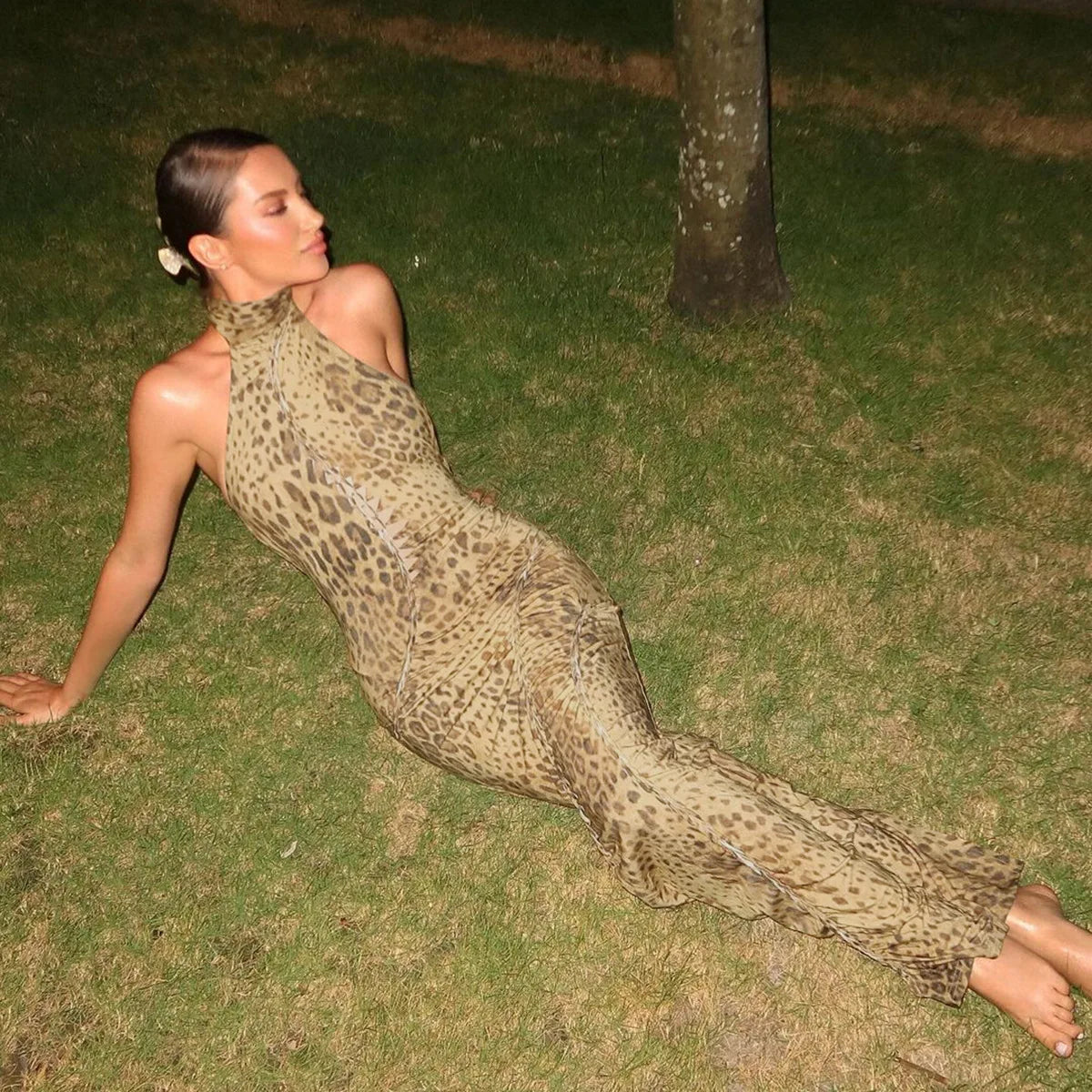 Halter Leopard Embellished Long Dress