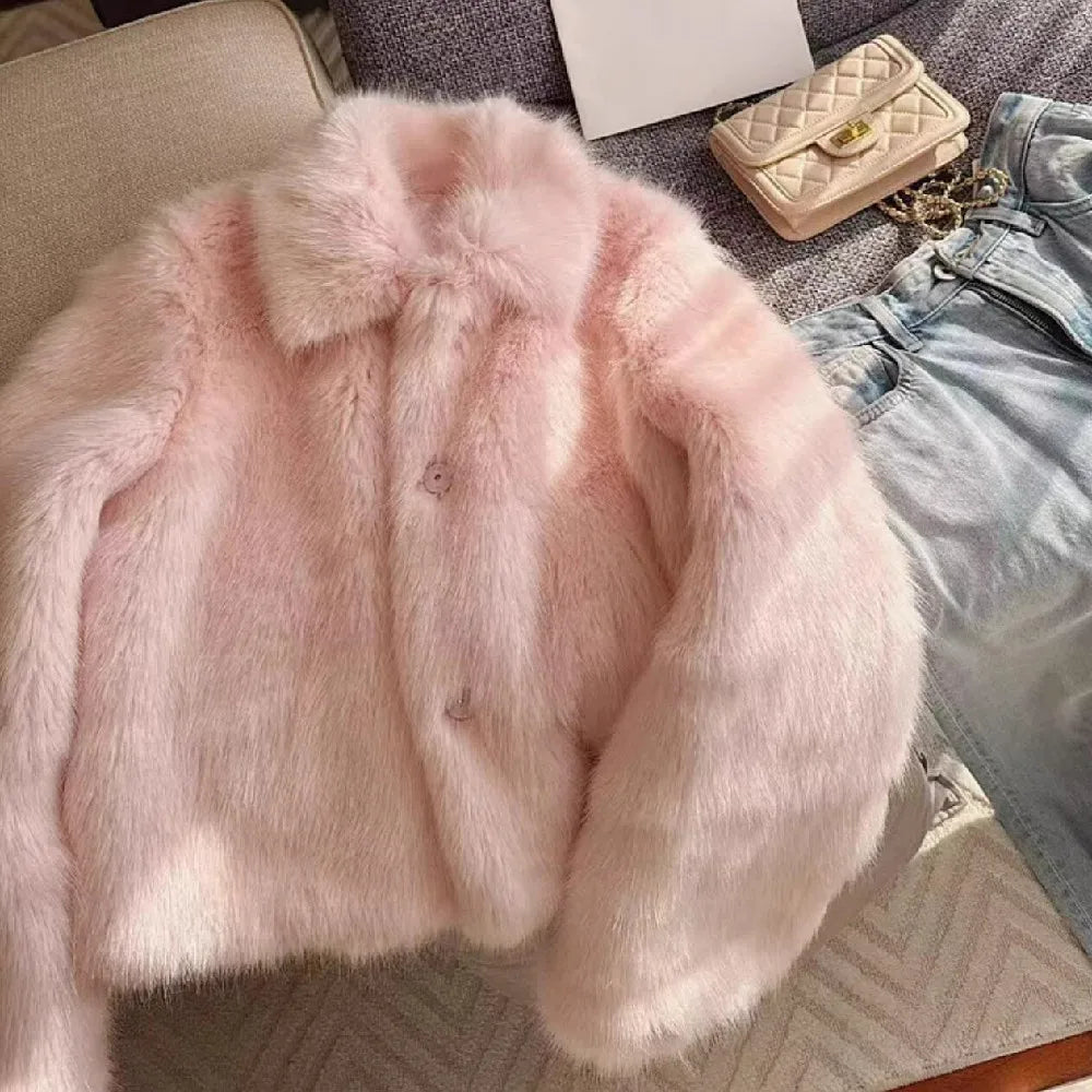 Pink Faux Fur Warm Furry Short Jacket Outerwear