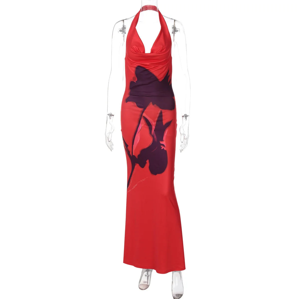 Flower Printed Halter Swinging Collar Long Dress