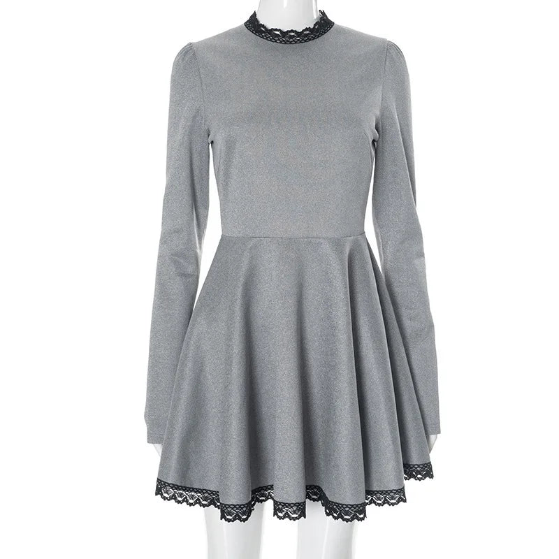 Patchwork Gray Long Sleeve A-line Mini Dress