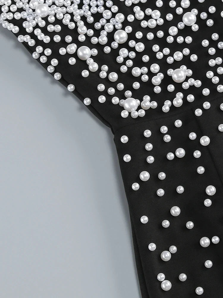 Black Strapless Pearls Beaded Embellished Maxi Dress