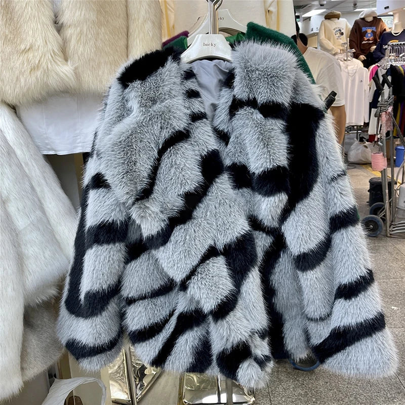Large Lapel Pocket Zebra Print Thicken Fur Cardigan