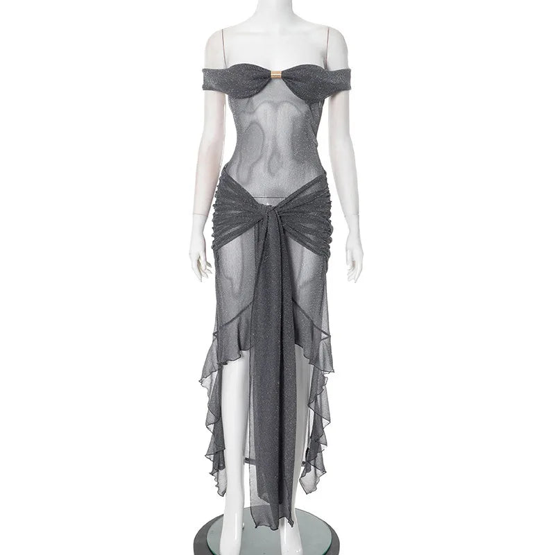Mesh Ruffled Gray Off-shoulder Long Dress