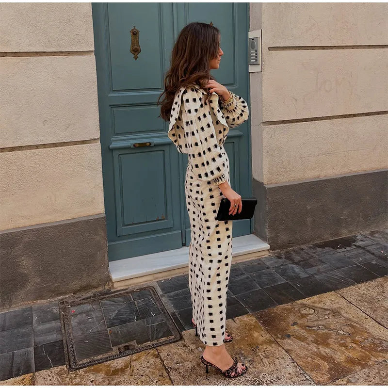 Plaid Puff Sleeve Long Skirt Suit Fashion Ruffles