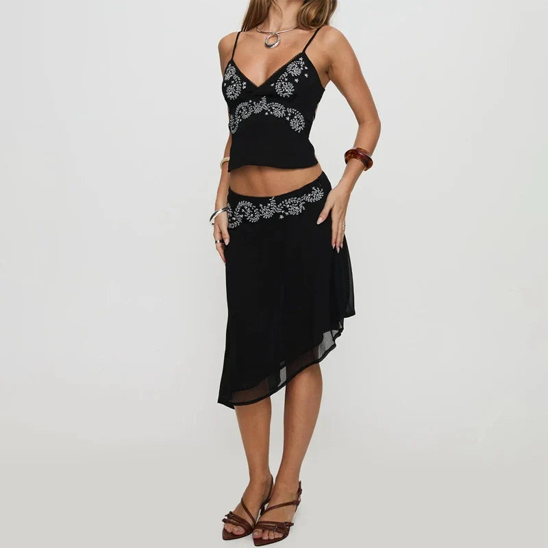Floral Backless Tie-Up Top Irregular Hem Midi Skirt
