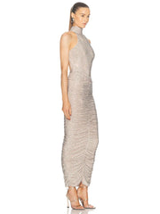 Halter Neck Backless Crystal Folds Long Dress