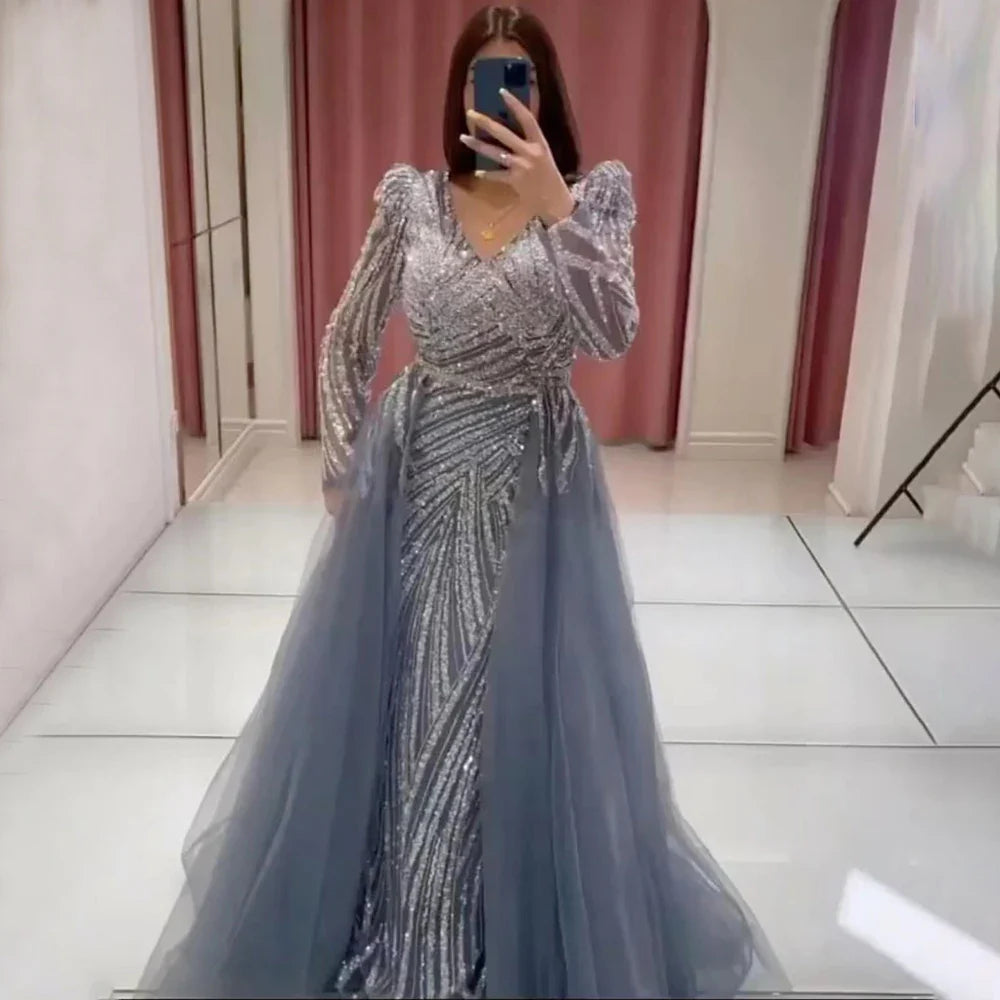 Blue Mermaid Beaded Long Sleeves Evening Gown