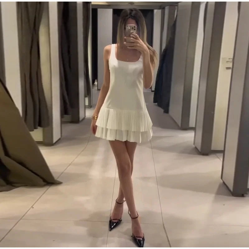 Square Collar Sleeveless Pleated Short Dress