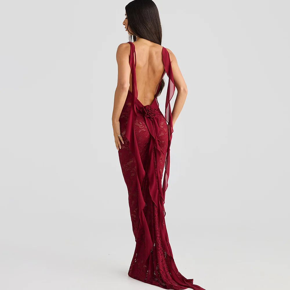 Lace Patchwork Backless Trailing Long Dress