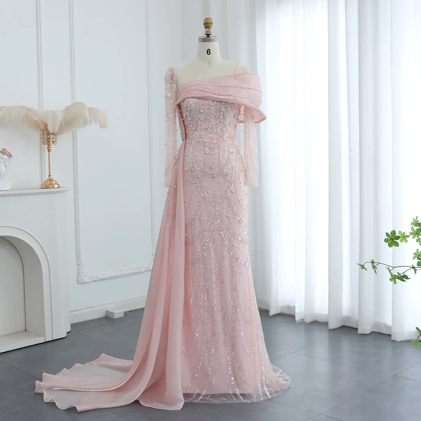 Crystal Mermaid Evening Gown with Overskirt