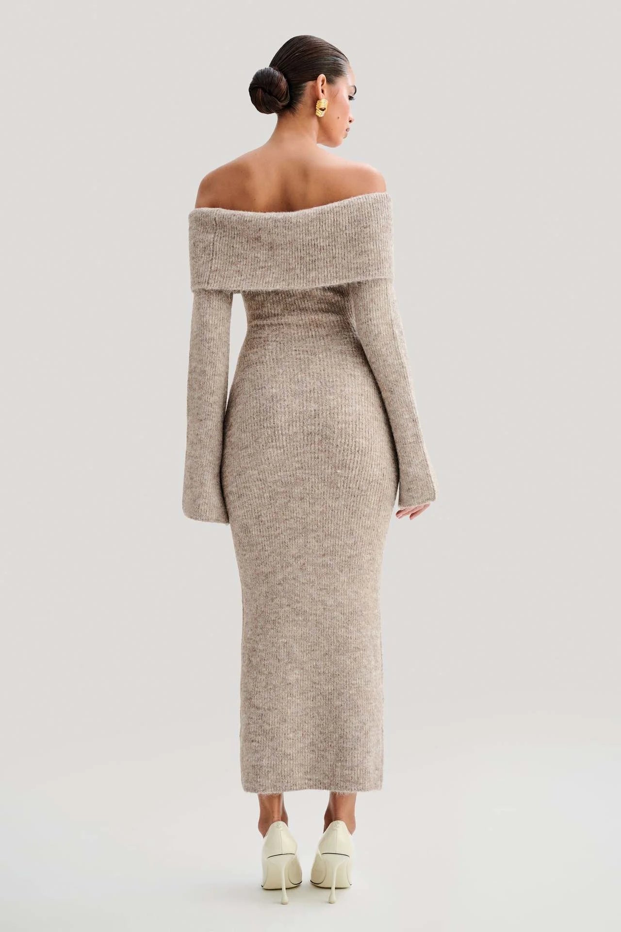 Fluffy Solid Knitted Off Shoulder Midi Dress