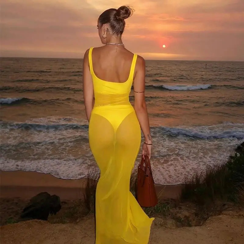 Mesh Square Neck Open Back Solid Long Dress