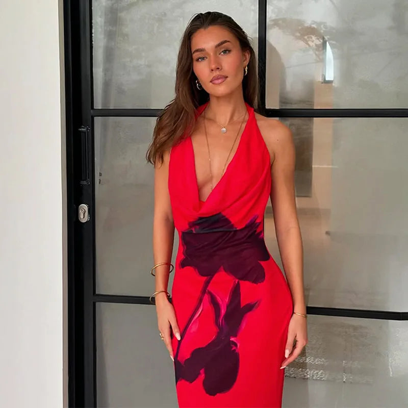 Flower Printed Halter Swinging Collar Long Dress
