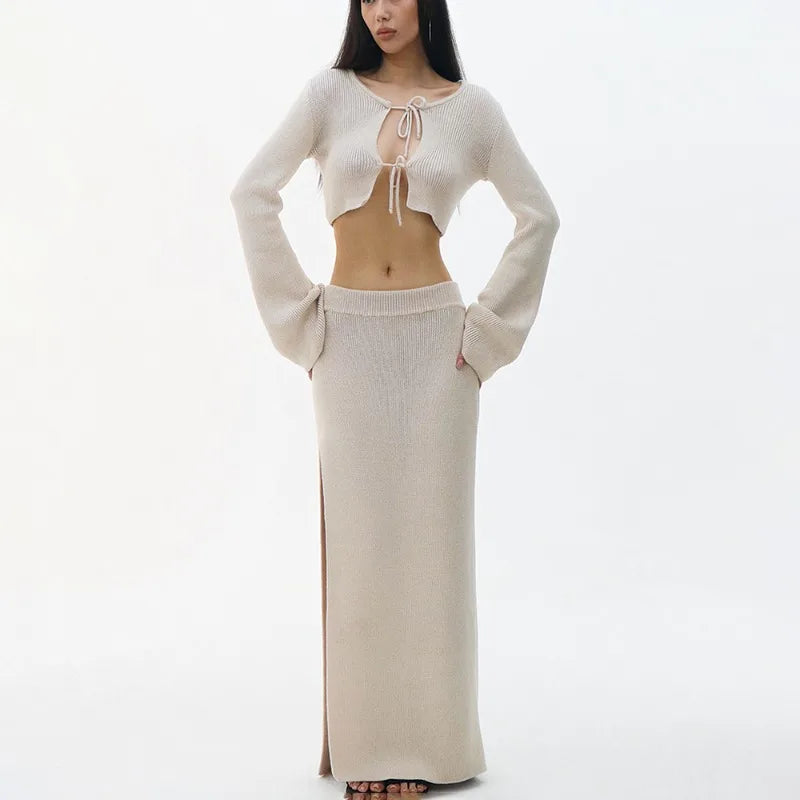Knit Solid Lace-up Cardigan Top Slit Long Skirt Set