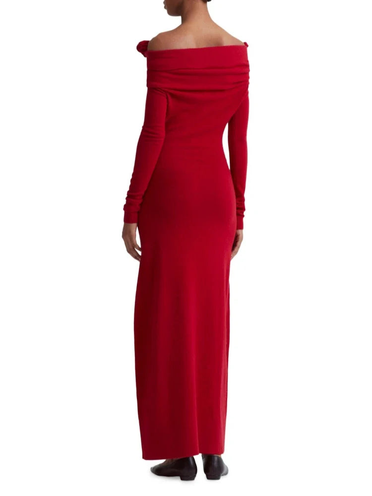 Off-Shoulder 3D Flower Red Velvet Dress
