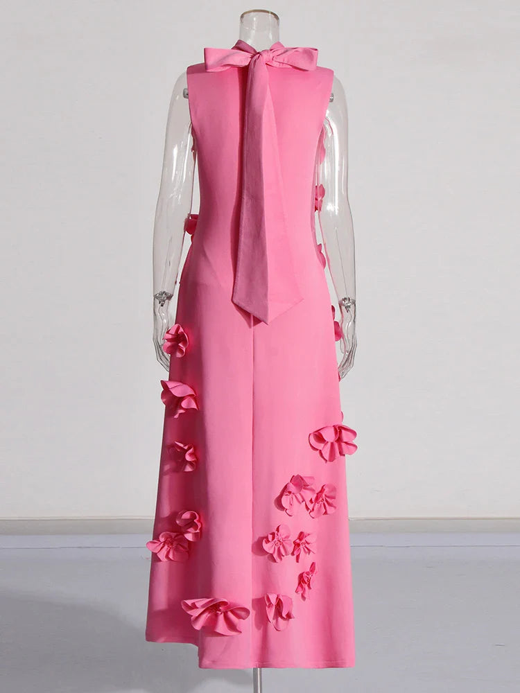 3D Flower Appliqué Mock Neck Midi Dress