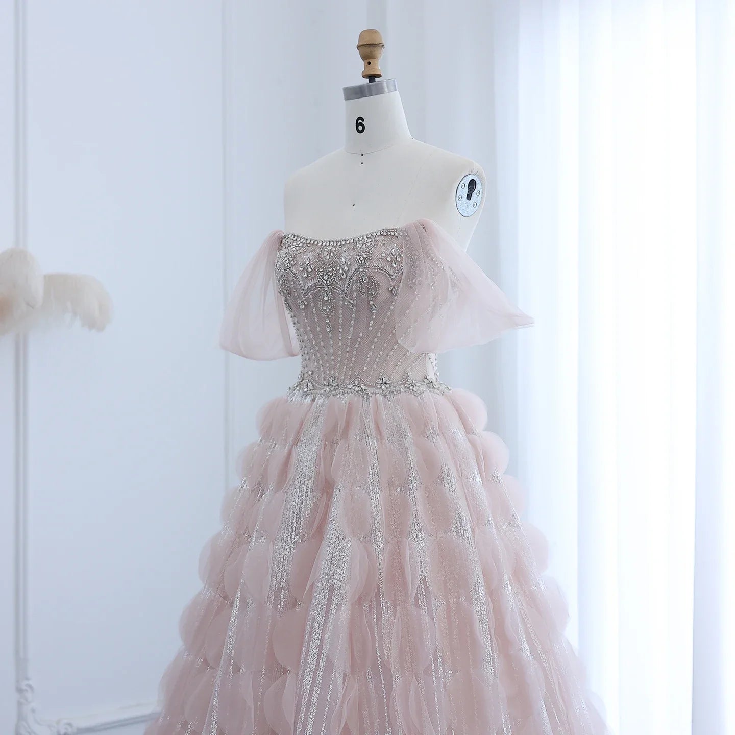 Crystal Princess Ball Gown Blush Pink Ruffles Evening Dress
