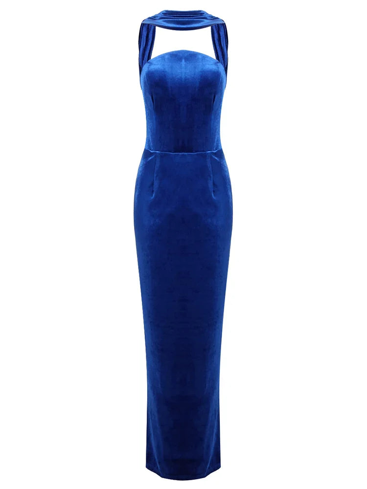 Blue Velvet Halter Sleeveless Maxi Dress