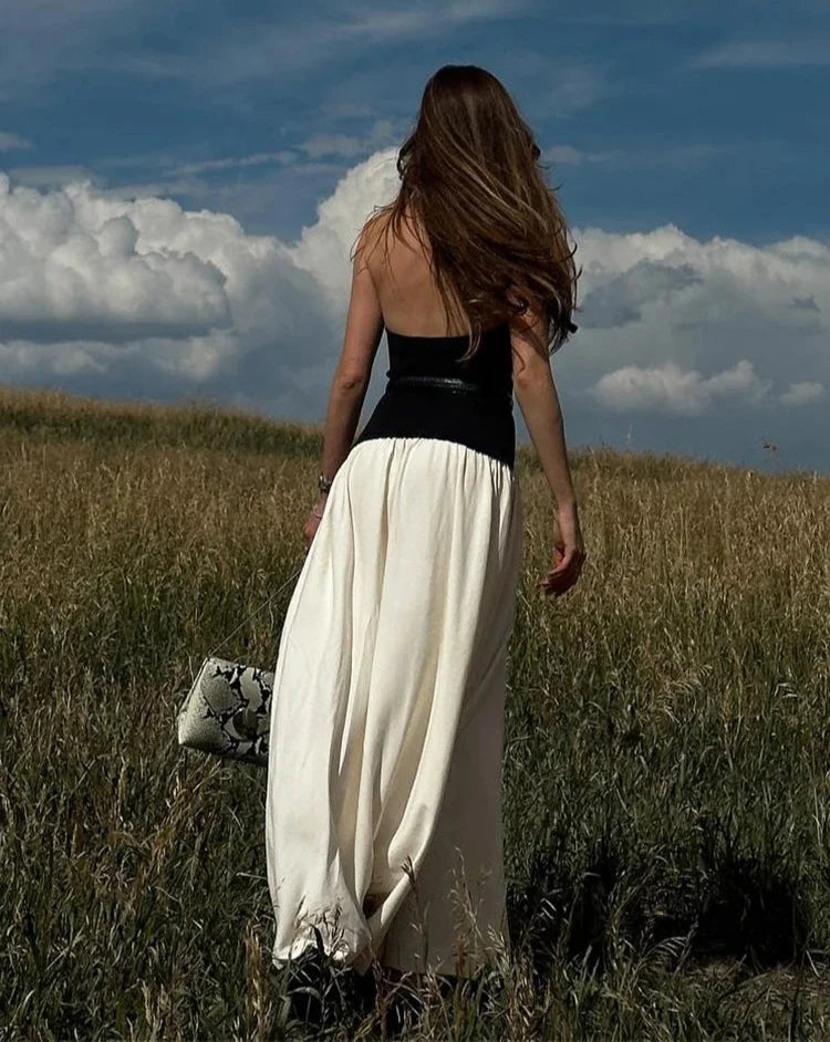 Contrast Patchwork Halter Backless Long Bodycon Dress