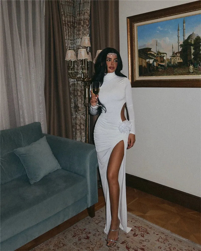 Turtleneck Hollow Out Thigh High Split Dress