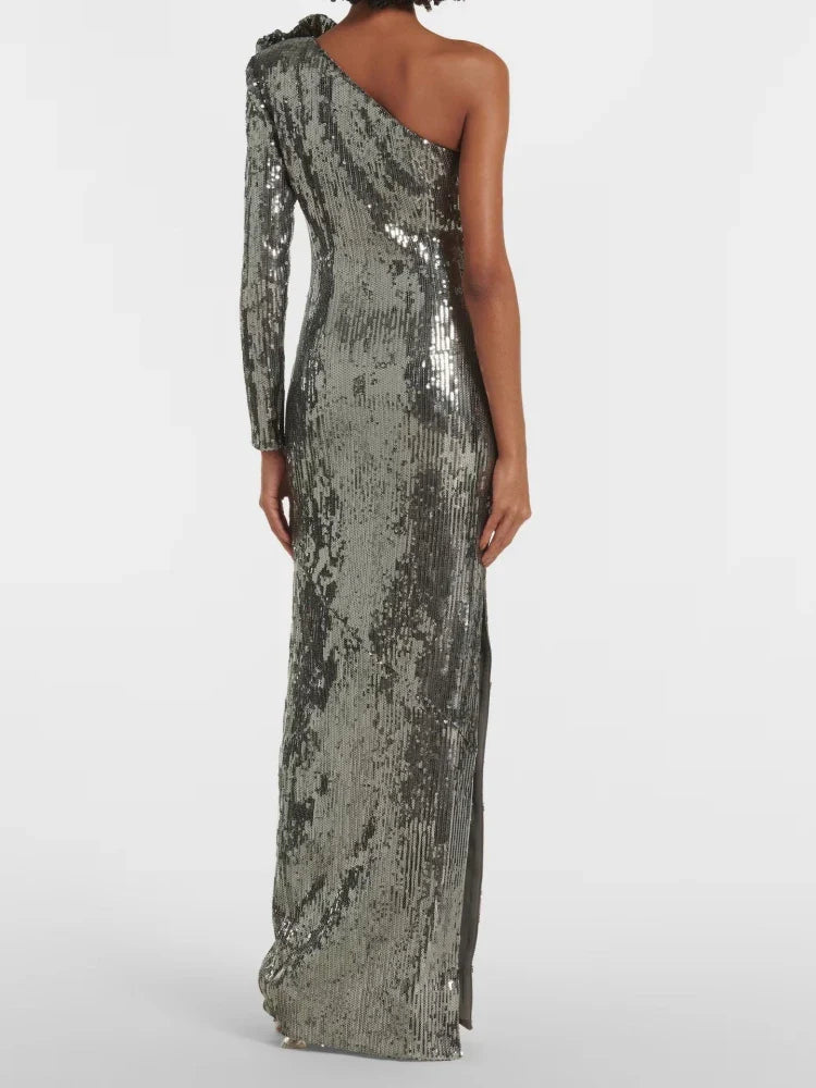 One Shoulder 3D Flower Sequin Dress