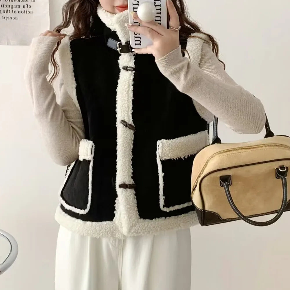 Faux Fur Lapel Horn Buttons Sleeveless Jacket