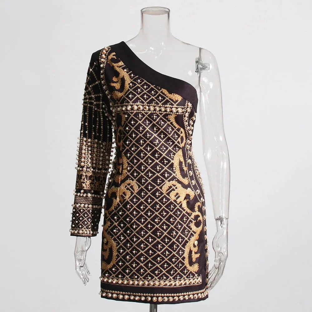 Printed Diagonal Neck Off One-Shoulder Patchwork Bead Dress