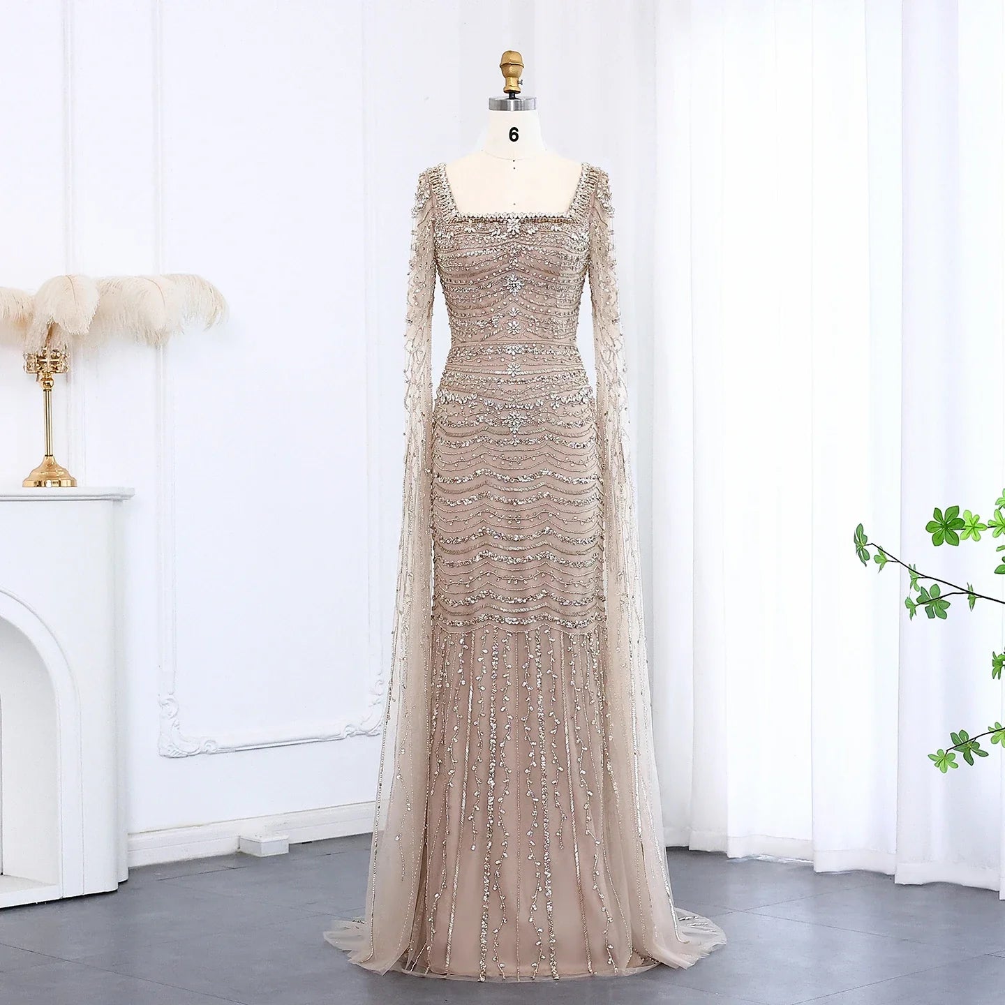 Caramel Square Neck Mermaid Evening Dress Cape Sleeves