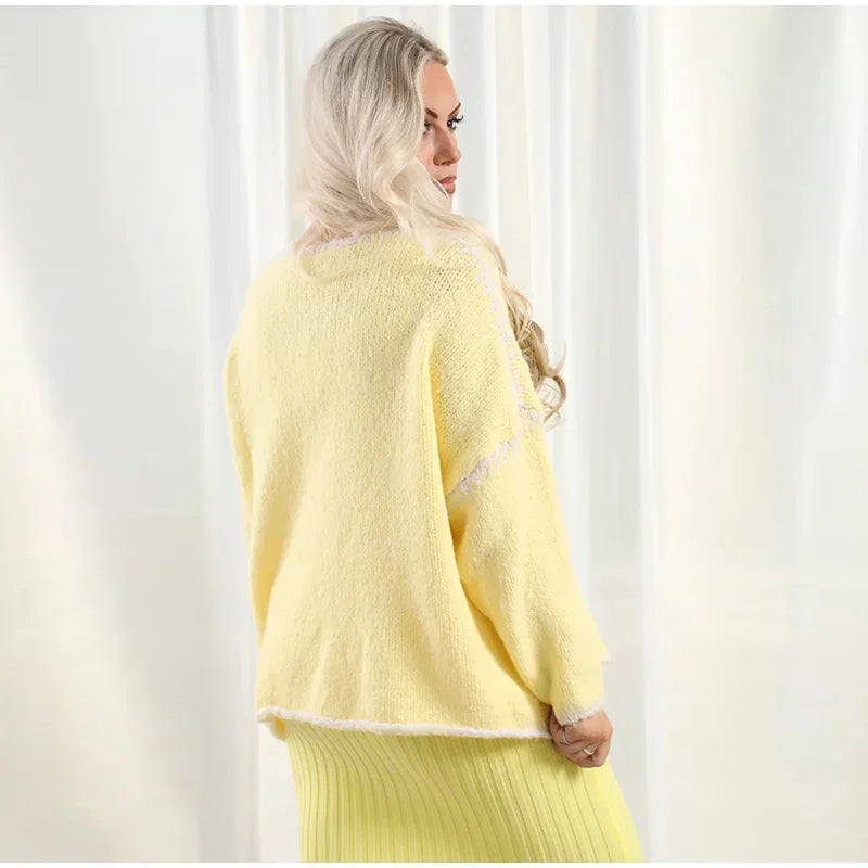 Oversized Hollow Contrast Bow Lace-Up  Knitwear Cardigan