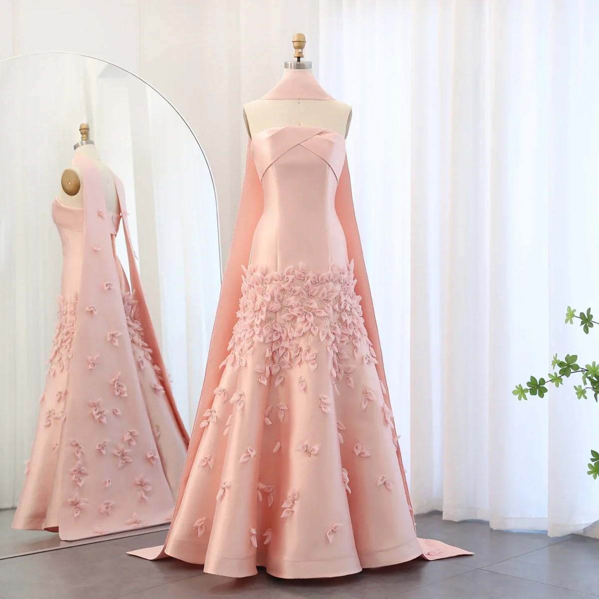 Blush Pink Mermaid Evening Gown with Cape