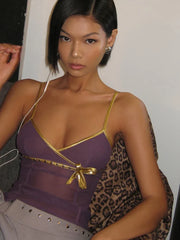 Patchwork Mesh Bow Gold Edging Low-Neck Camisole
