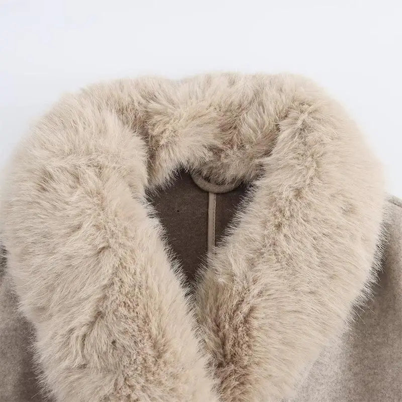 Wool Lace-Up Fur Lapel Thick Over Coat