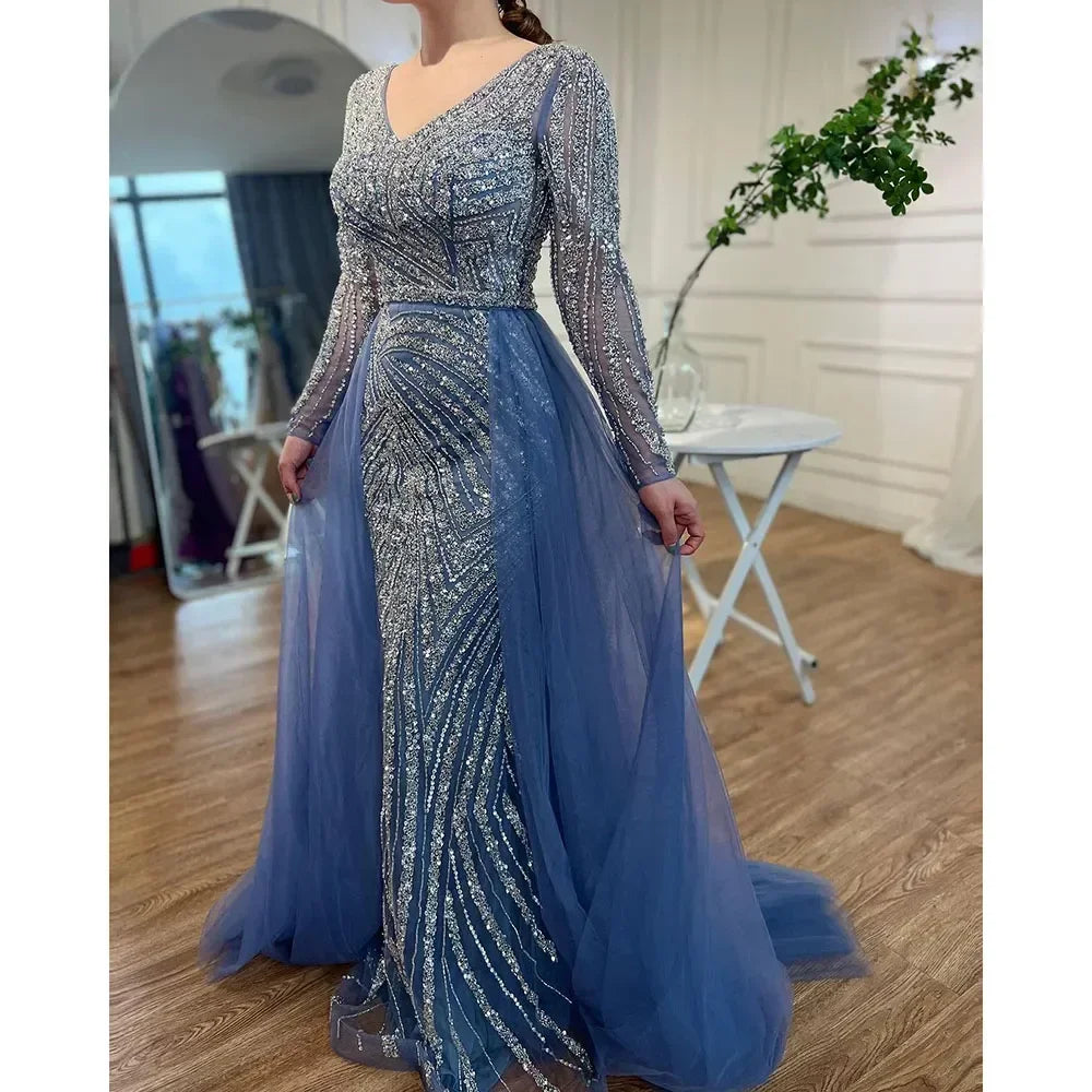Blue Mermaid Beaded Long Sleeves Evening Gown