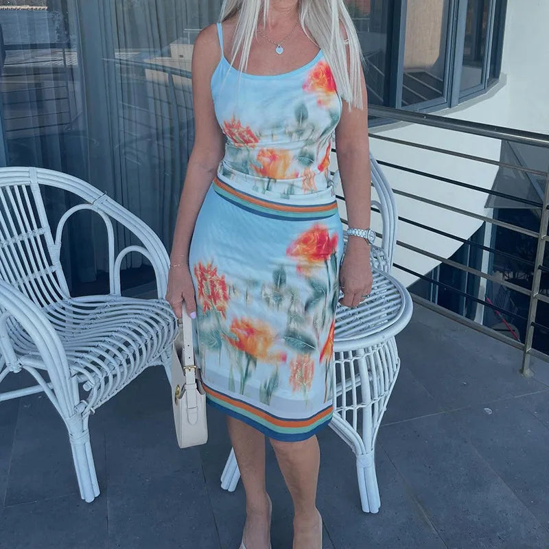 Print Floral Spaghetti Strap Top Mini Skirt Set